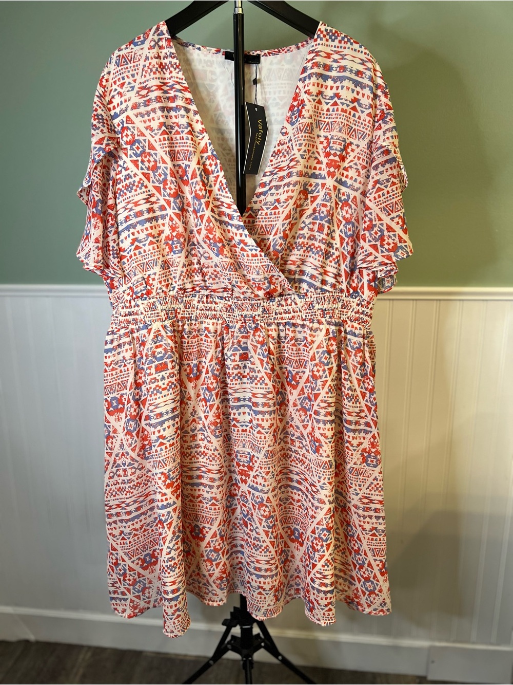 NEW- Valfoly Red & Blue Aztec Print Smock Waist Dress. Size XXL